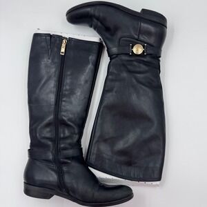 Tommy Hilfiger Dewberry Black Leather Knee High Riding Boots‎ Gold Medallion 8M